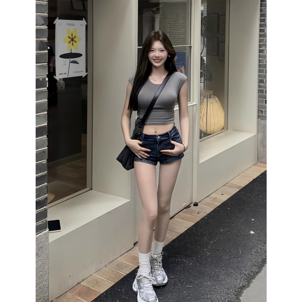 短袖女夏季美式复古露脐正肩t恤掐腰甜辣修身显瘦绝美短款小上衣