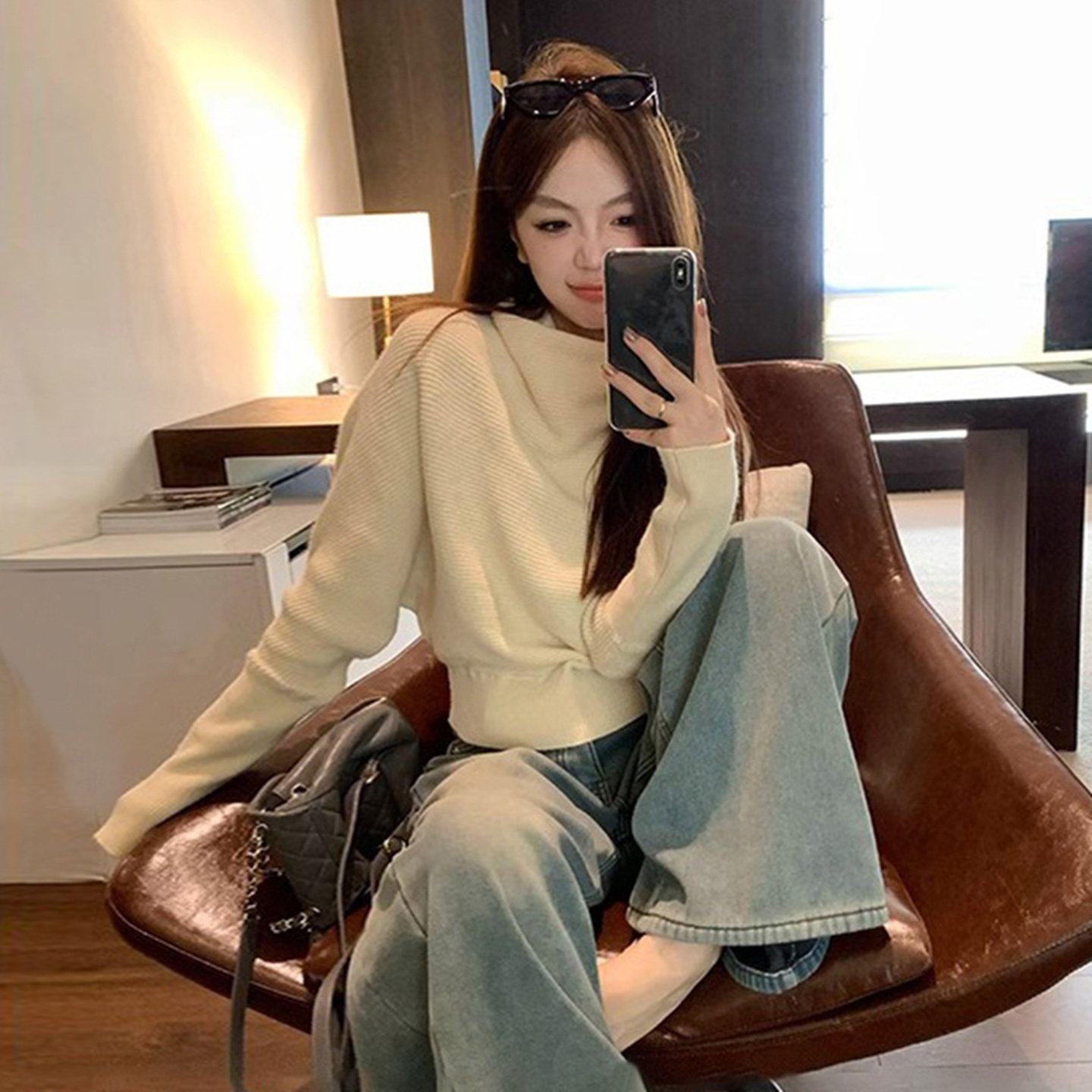 高领蝙蝠袖针织衫女秋冬季高级感长袖套头毛衣宽松慵懒风气质上衣,女装/女士精品,毛针织衫,淘宝优惠券,粉丝福利购,淘宝优惠卷