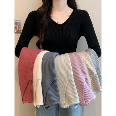 春秋冬2025新款v领内搭长袖毛衣女打底衫百搭修身低领针织衫上衣