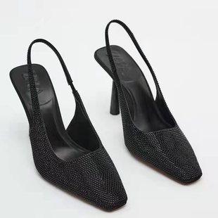 新品 SWZADTM 040 秋季 黑色亮饰露跟高跟穆勒鞋 2211010 女鞋