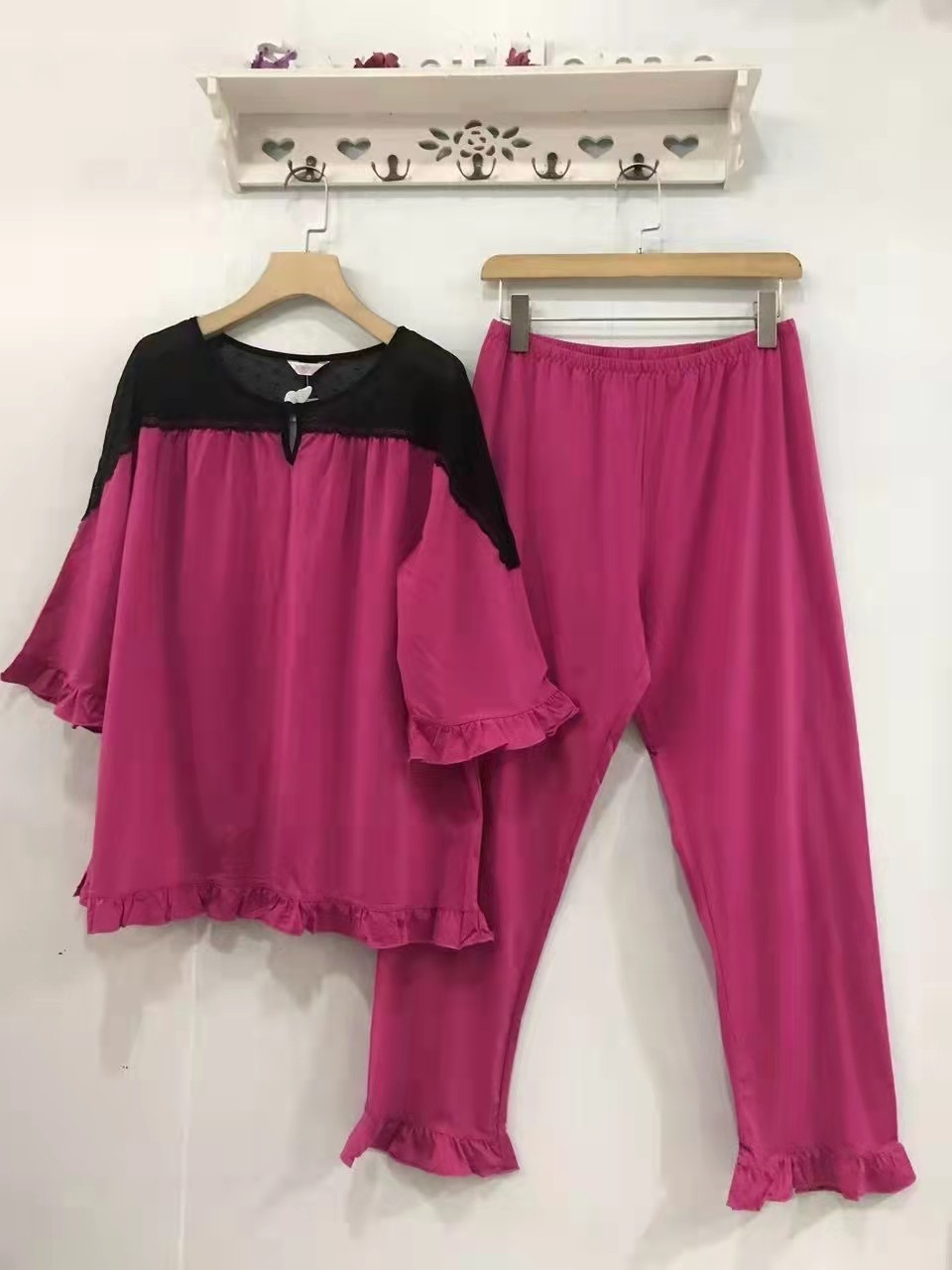 天宝夏季凉爽美牛奶丝蕾丝边女士薄睡衣套装160斤胖妹妹家居服