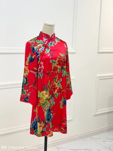 NY私人定制 |正红色真丝印花缎旗袍 新中式红色改良旗袍敬茶礼服