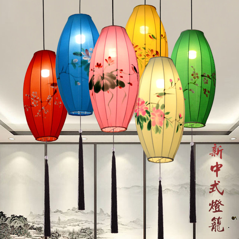 新中式布艺手绘画橄榄灯创意餐厅火锅店红灯笼吊灯仿古宫灯灯具