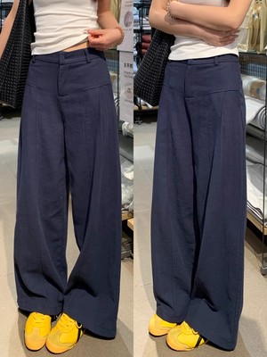 藏青色苎麻直筒休闲裤女秋2025新款高腰老钱风宽松显瘦棉麻阔腿裤