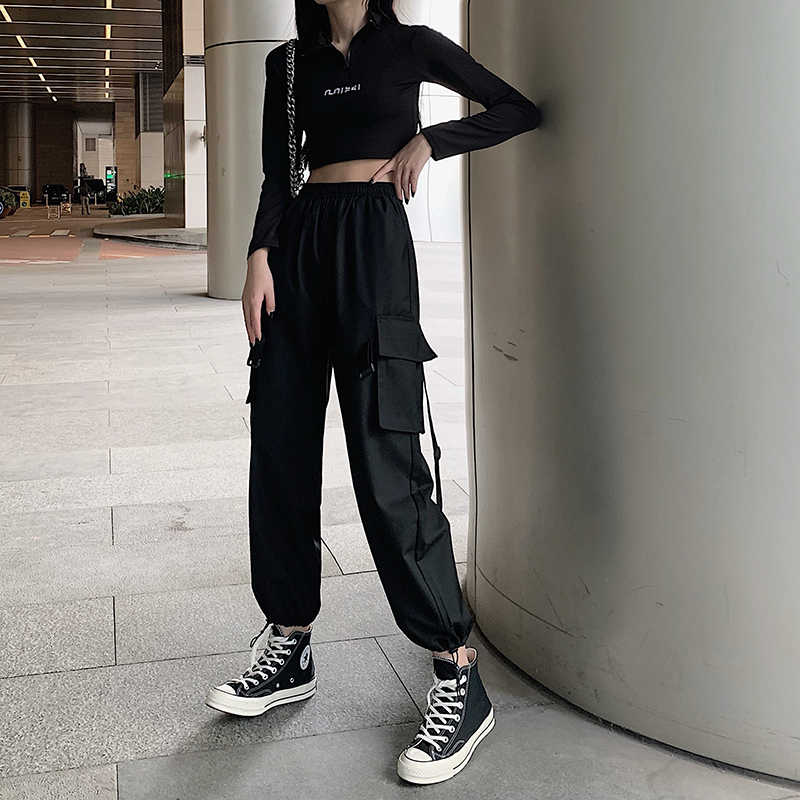 3工装裤女宽松BF春秋季2020新款高腰显瘦百搭女裤子束脚运动休闲裤