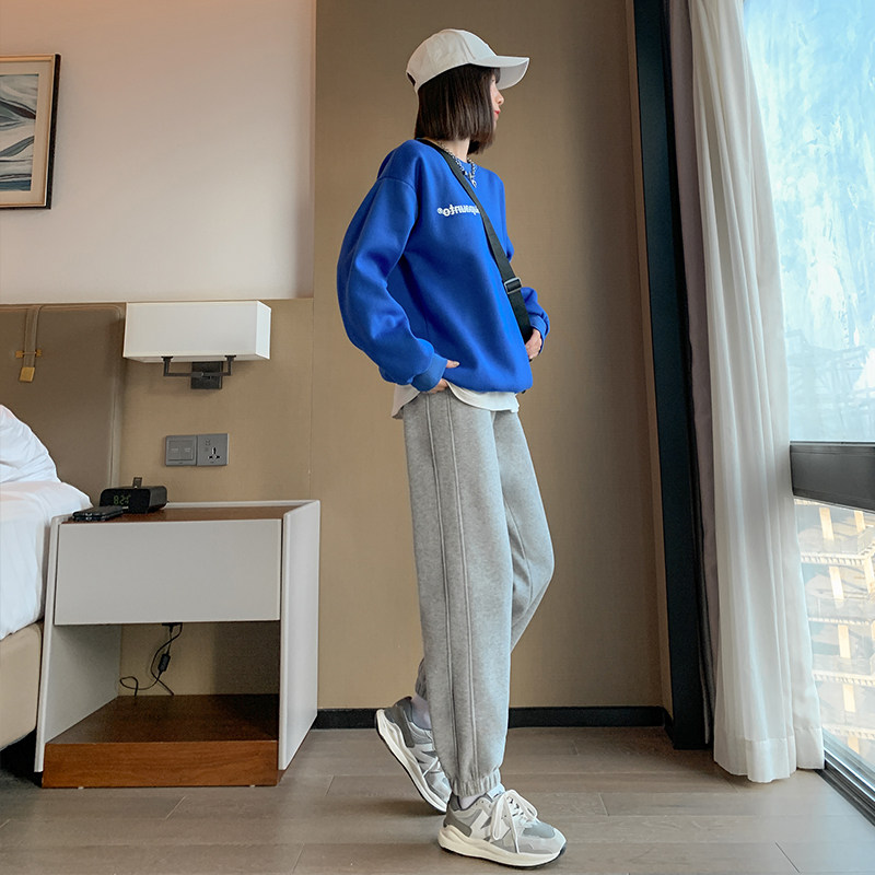 灰色运动裤女春秋冬2023新款宽松束脚卫裤加绒小个子休闲裤潮ins