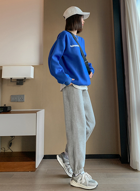 灰色运动裤女春秋冬2023新款宽松束脚卫裤加绒小个子休闲裤潮ins