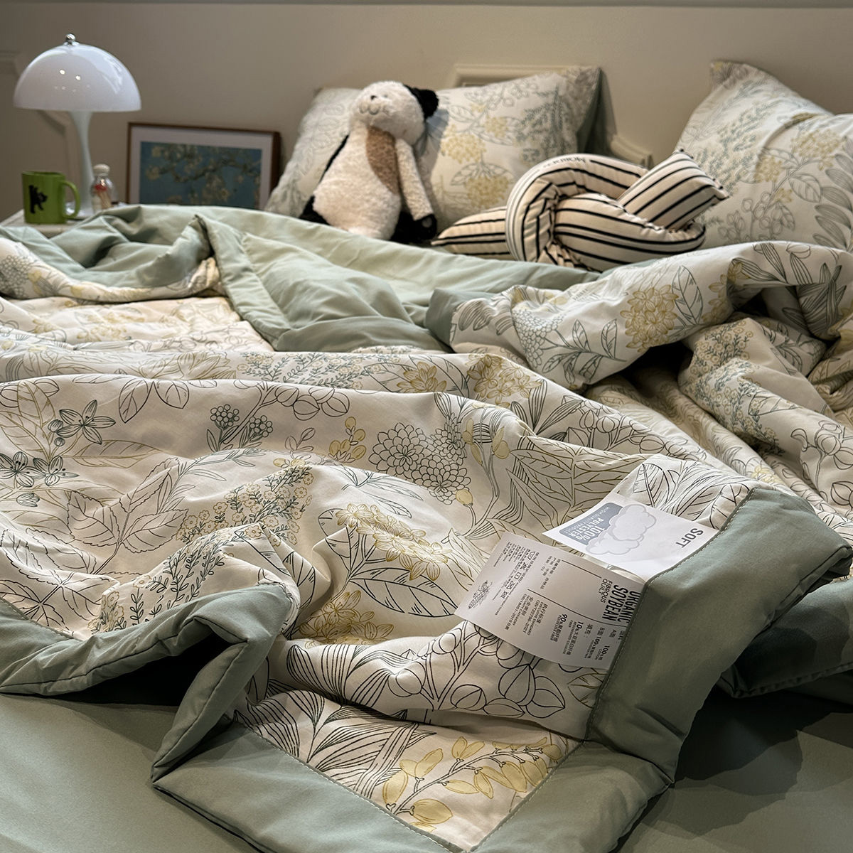 小清新绿色花卉夏凉被空调被纯棉全棉可机洗夏被四件套夏季薄被子