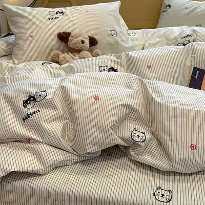 卡通可爱灰条猫咪被套单件全棉纯棉2025新款150x200cm单人被罩