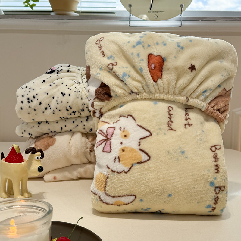 A类可爱小猫牛奶绒床笠单件新款冬季加绒珊瑚绒单人床垫保护套罩