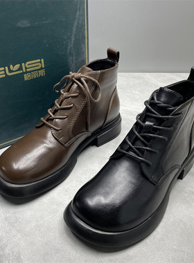 撤柜断码处理软皮低跟短靴女秋冬新款圆头马丁靴女士加绒靴子36码