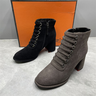 尾货处理断码 靴 女靴子韩绒皮粗跟英伦风高跟圆头复古秋冬加绒时装