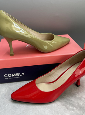 Comely康莉撤柜处理真皮女鞋春秋季款通勤浅口高跟鞋漆皮气质单鞋