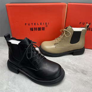 商场撤柜处理软皮女靴厚底拼接英伦风马丁靴女秋冬加绒舒适靴子39
