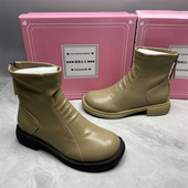 休闲秋冬季 女靴子女短筒圆头系带加绒平跟英伦风后拉链切尔西靴40