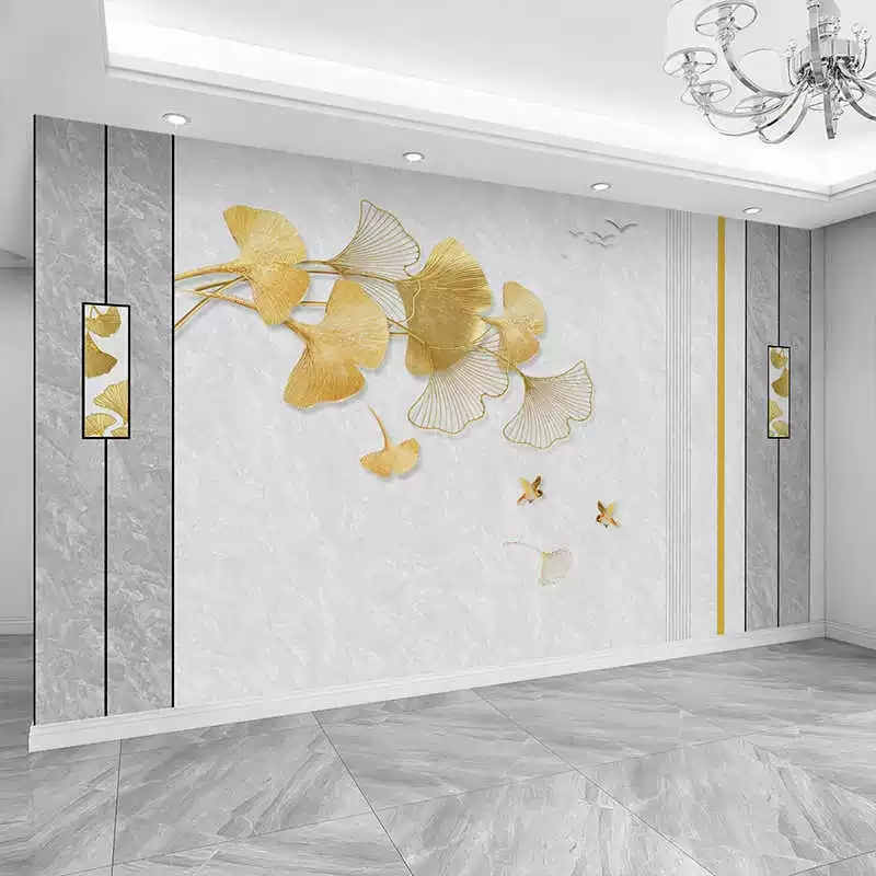 银杏叶电视背景墙壁纸简约现代客厅装饰影视墙3d无缝壁画墙布卧室