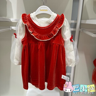 巴拉巴拉女童连衣裙2025新款儿童加绒背心裙宝宝灯笼袖打底衫