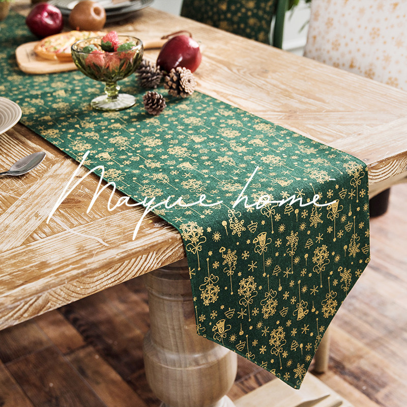 蔓越家    复古圣诞绿色风铃桌旗烫金工艺茶几美式乡村茶几电视柜,居家布艺,桌旗,淘宝优惠券,粉丝福利购,淘宝优惠卷