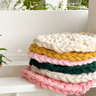 M.life 奶油色雪尼尔纯手工编织圆形坐垫蒲团粗毛绒榻榻米软垫子