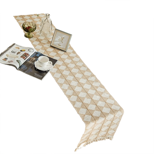 蔓越家  北欧复古格子棉麻桌旗餐垫派对装饰编织隔热桌垫长条台布