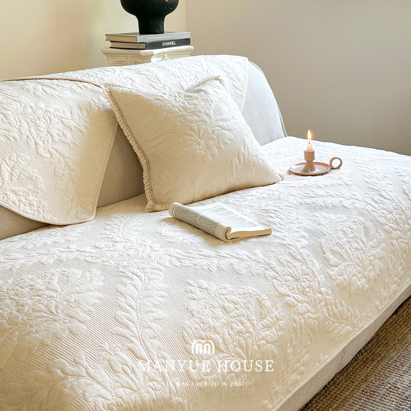 M.life 纯棉水洗棉 全棉绗绣沙发垫盖布沙发套罩靠背巾坐垫垫布