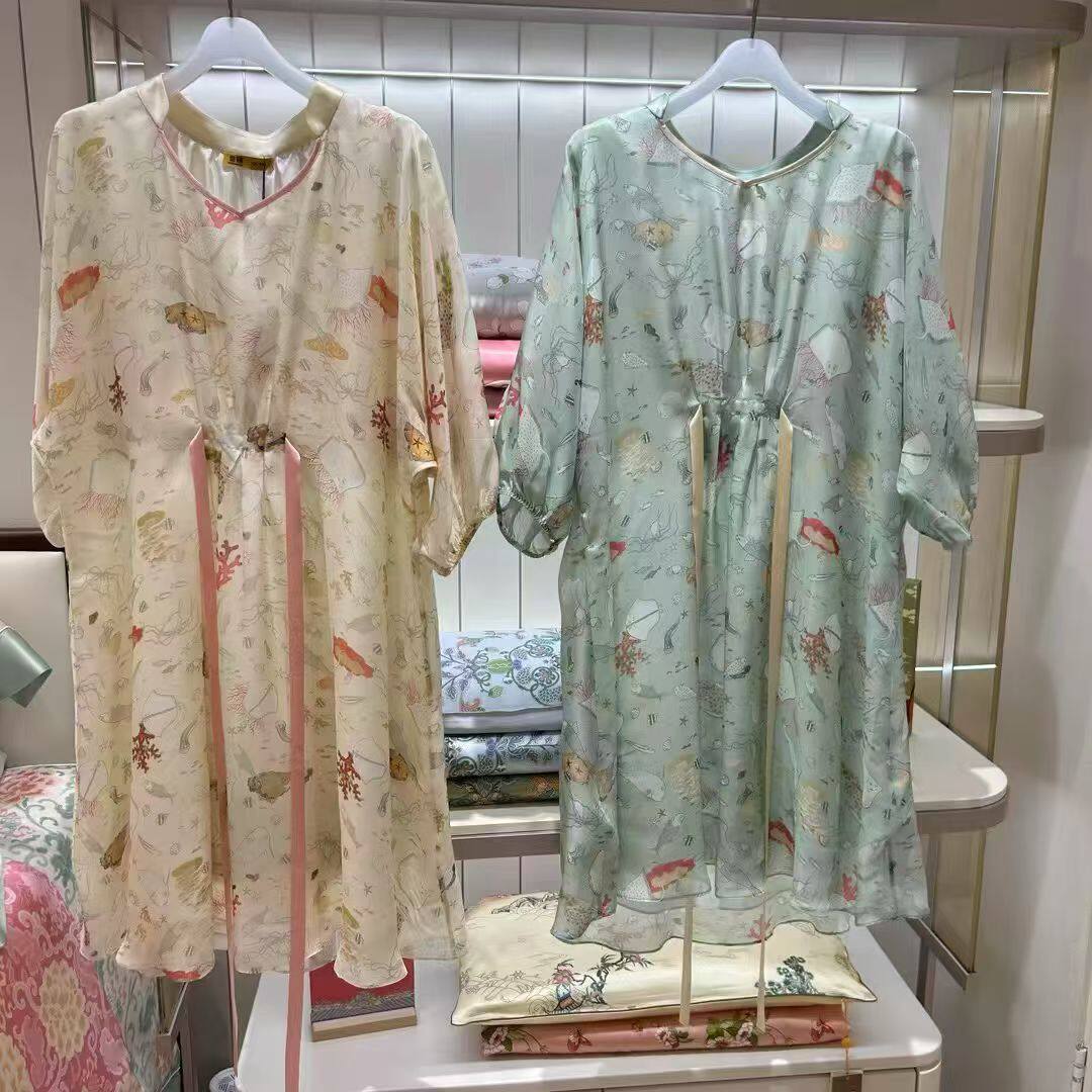 爱慕皇锦真丝睡衣女春夏雪纺七分袖系带睡裙-海错图HJ21532现货