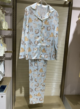 专柜直邮爱美丽猫咪派对月光丝舒适丝滑翻领开衫家居睡衣IM46BXL1