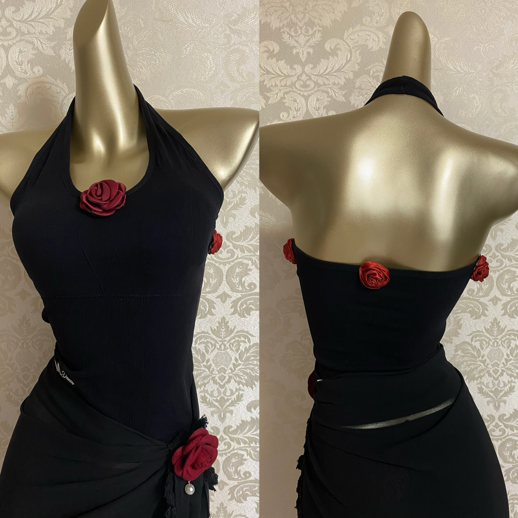 TZ舞服手工玫瑰红花朵露背点缀拉丁舞练习套装