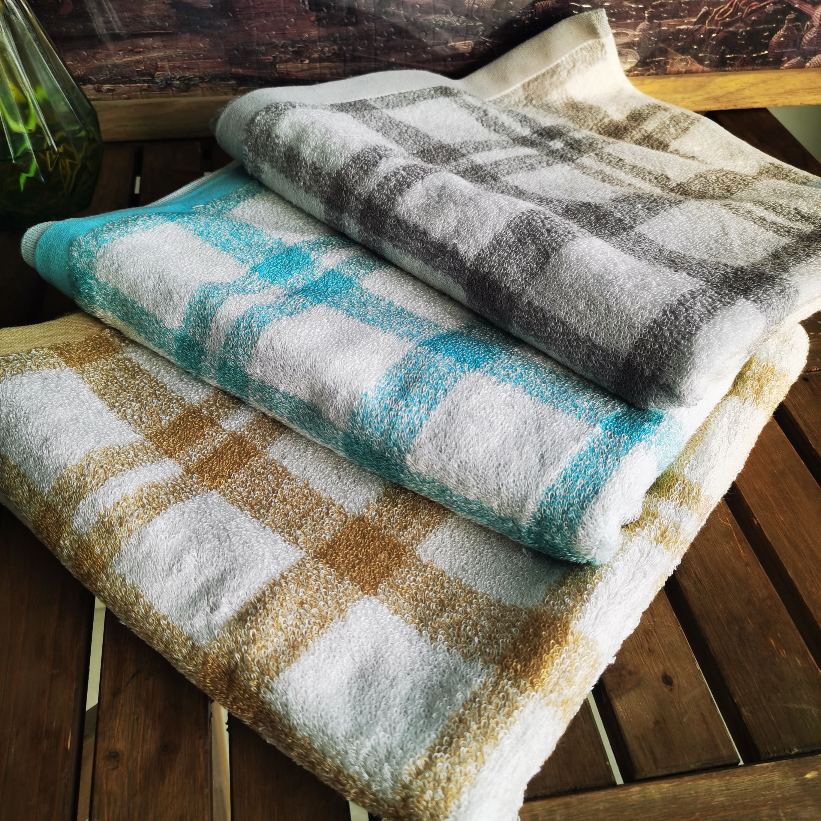 出口日本马球原单无刺绣纯棉格子提花情侣成人吸水柔软浴巾洗澡巾