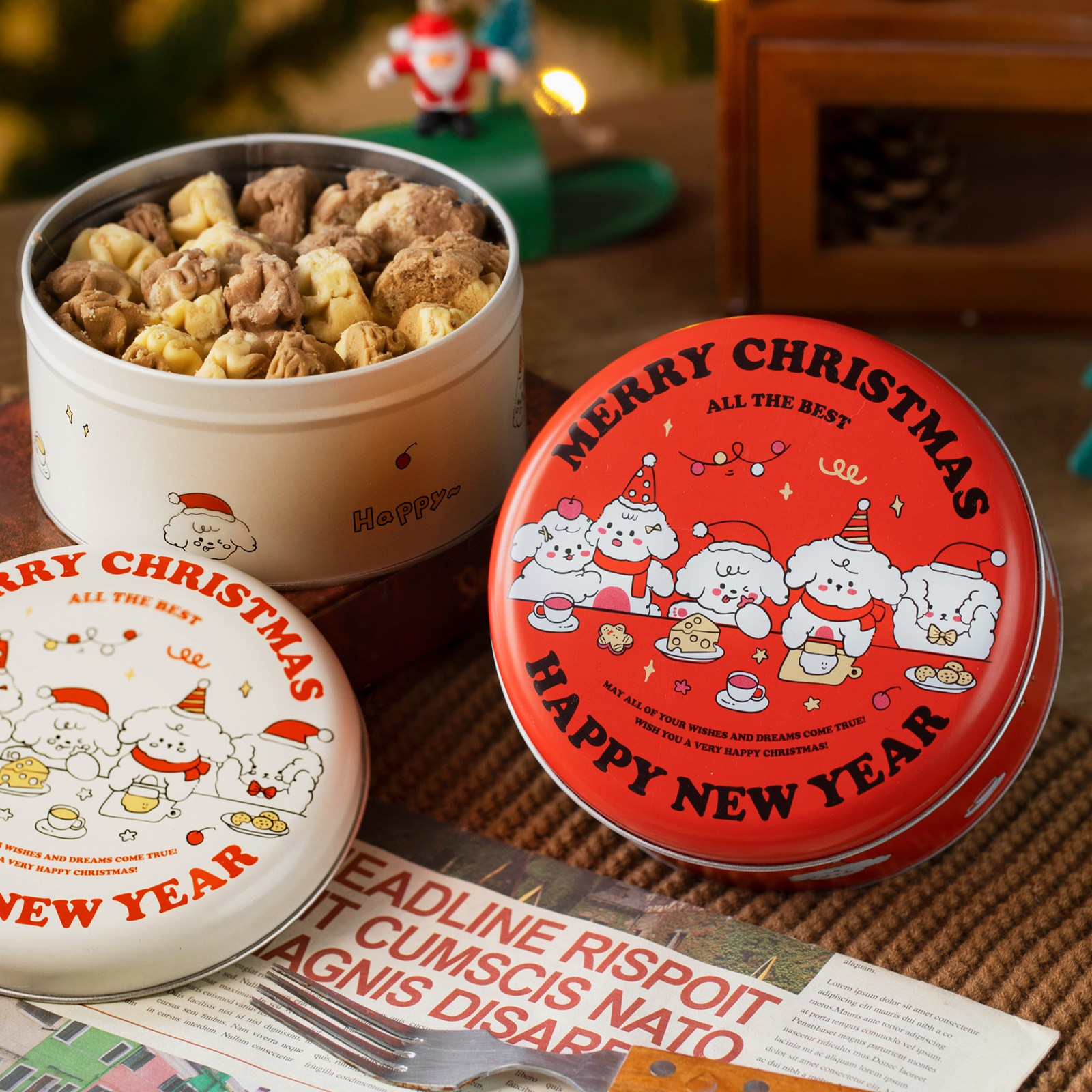 圣诞创意曲奇饼干可可脆片太妃糖果包装盒牛轧雪花酥圆形铁罐铁盒