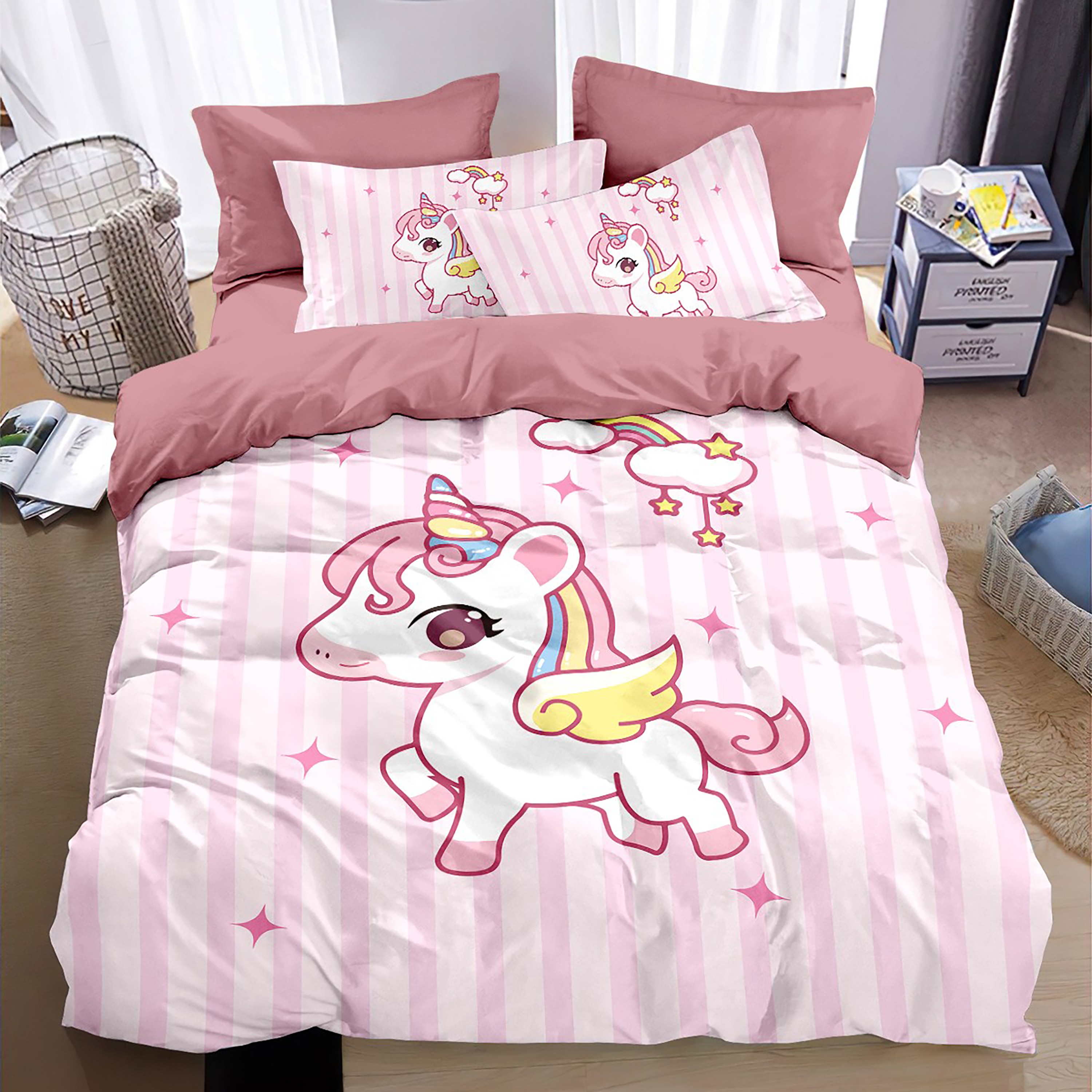 独角兽被套纯棉四件套全棉可爱角虹小马被罩儿童学生床上用三件套