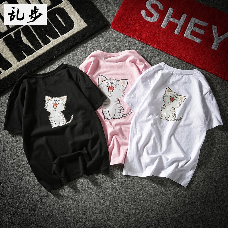 日系短袖T恤男小清新韩版情侣装女卡通猫咪印花半袖T-shirt宽松潮