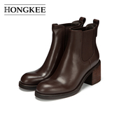 女鞋 Hongkee 红科女靴2025秋冬新款 牛皮粗跟切尔西短靴H075S422