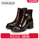 Hongkee 红科短靴女2025新款 牛漆皮亮面圆头气质粗跟靴子H815D416
