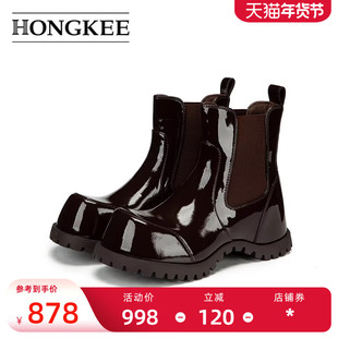 Hongkee/红科2025冬季新款女靴复古大圆头休闲切尔西短靴H805D424