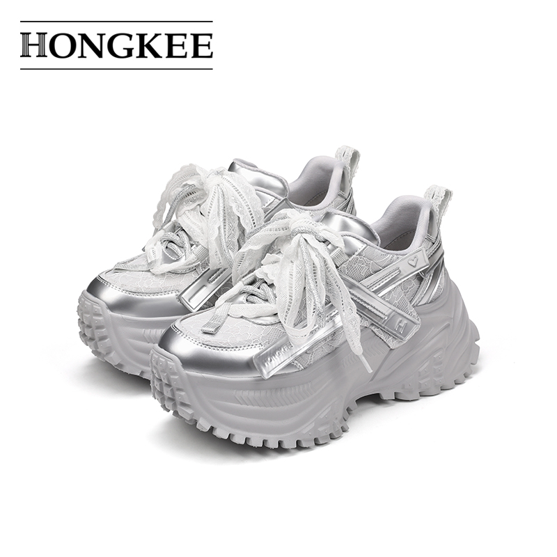Hongkee/红科女鞋2025新款蕾丝时尚老爹鞋厚底增高休闲鞋HC55X106