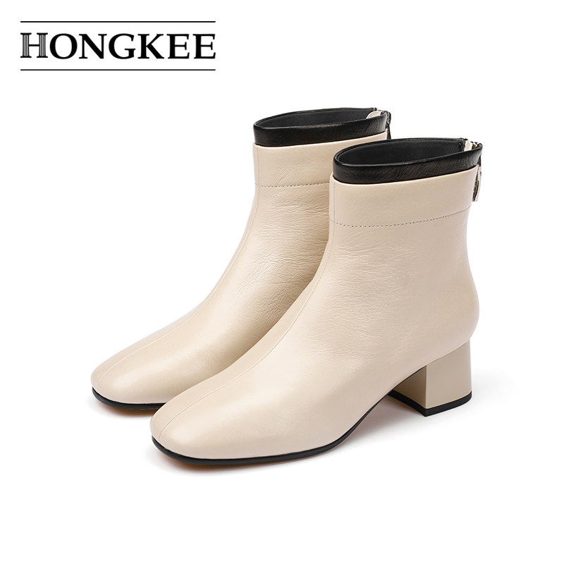 Hongkee/红科短靴女秋冬白靴子方头粗跟羊皮女靴HA84S422