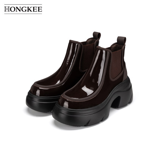 Hongkee/红科女靴2026冬季新款亮面厚底舒适套筒短筒靴子H806D408