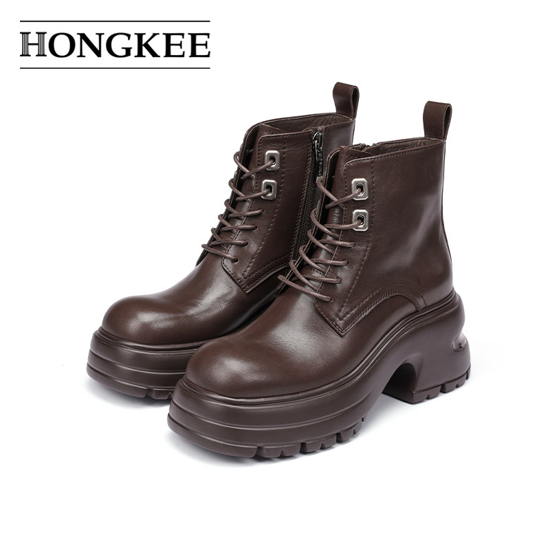Hongkee/红科马丁靴女款牛皮圆头厚底休闲短靴子H074S418