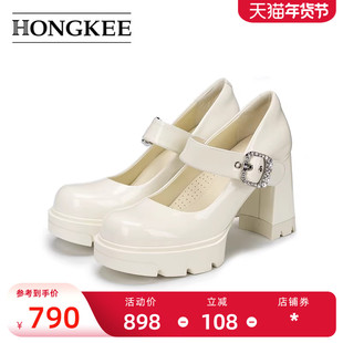Hongkee/红科高跟鞋女2026年春季粗跟浅口温柔风玛丽珍鞋H816D104