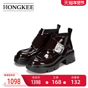 Hongkee/红科短靴子女2025新款厚底粗跟时装靴亮面单靴HA85M424