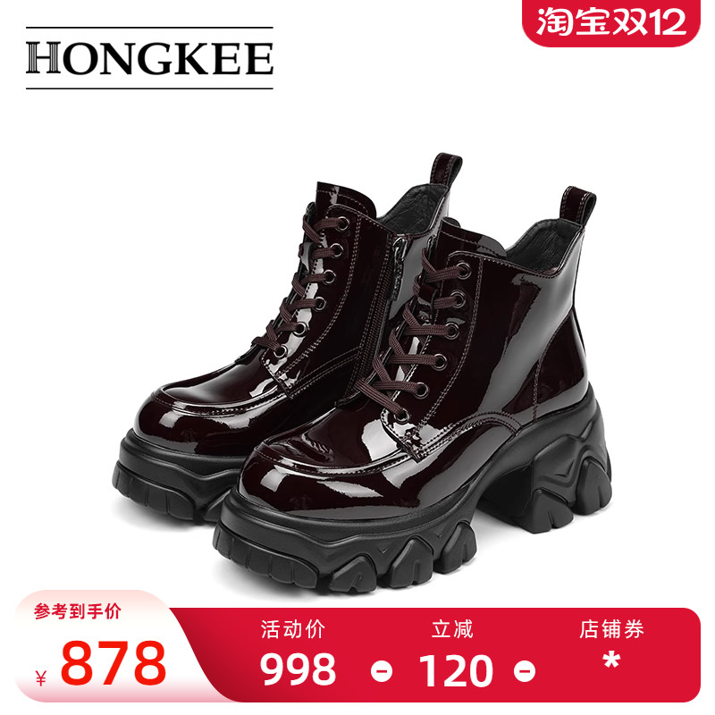 Hongkee/红科女靴新款圆头厚底粗跟亮面时尚短靴及踝靴HA84M400