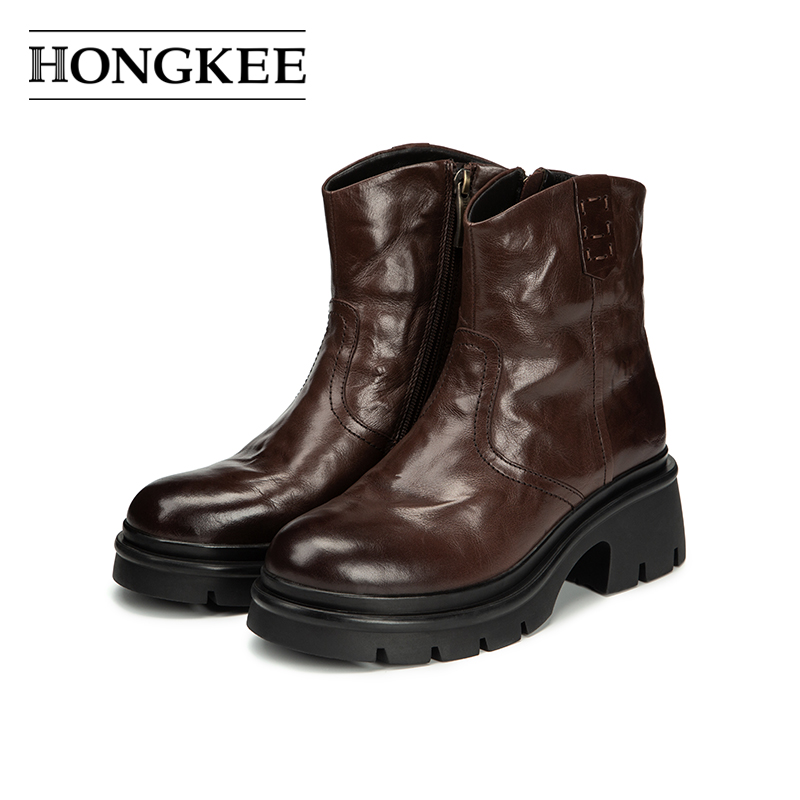 Hongkee/红科靴子2025冬季新款羊毛里保暖冬靴短筒棉靴H055S402