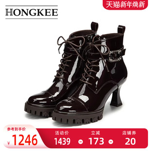 上班时装 高跟亮面时尚 女靴子H075M402 红科短靴2025新款 Hongkee