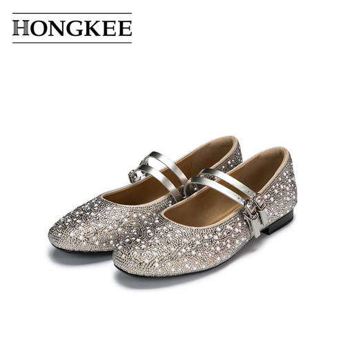 Hongkee/红科新款浅口平跟女鞋圆头甜美水钻双条带玛丽珍H746J101