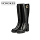Hongkee 粗跟高跟黑色牛皮长靴H075M406 红科靴子女长筒靴2025新款
