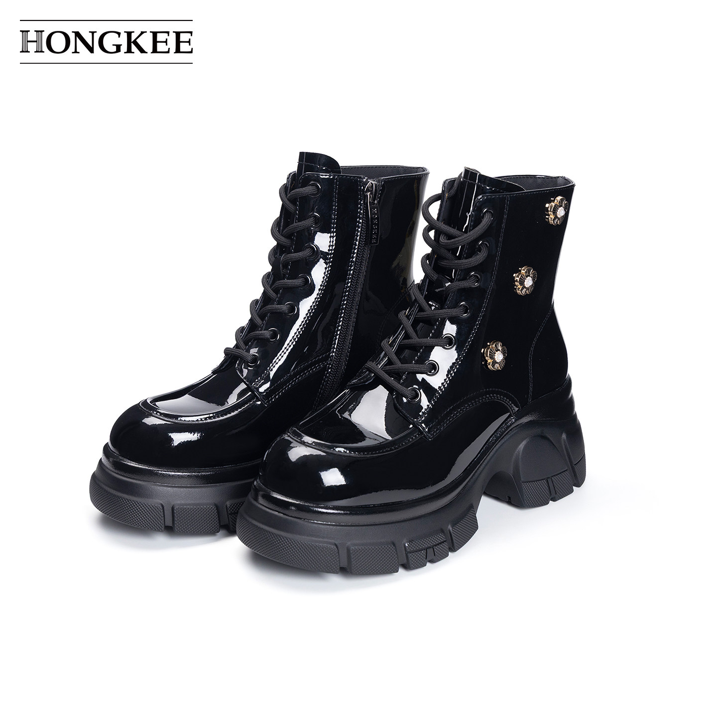 Hongkee/红科短靴女士新款亮面厚底粗跟马丁靴冬季女鞋HA86D486