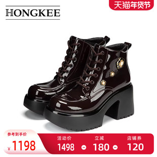 Hongkee/红科女靴子2025冬季新款粗跟高跟厚底亮面短筒靴HA85M418