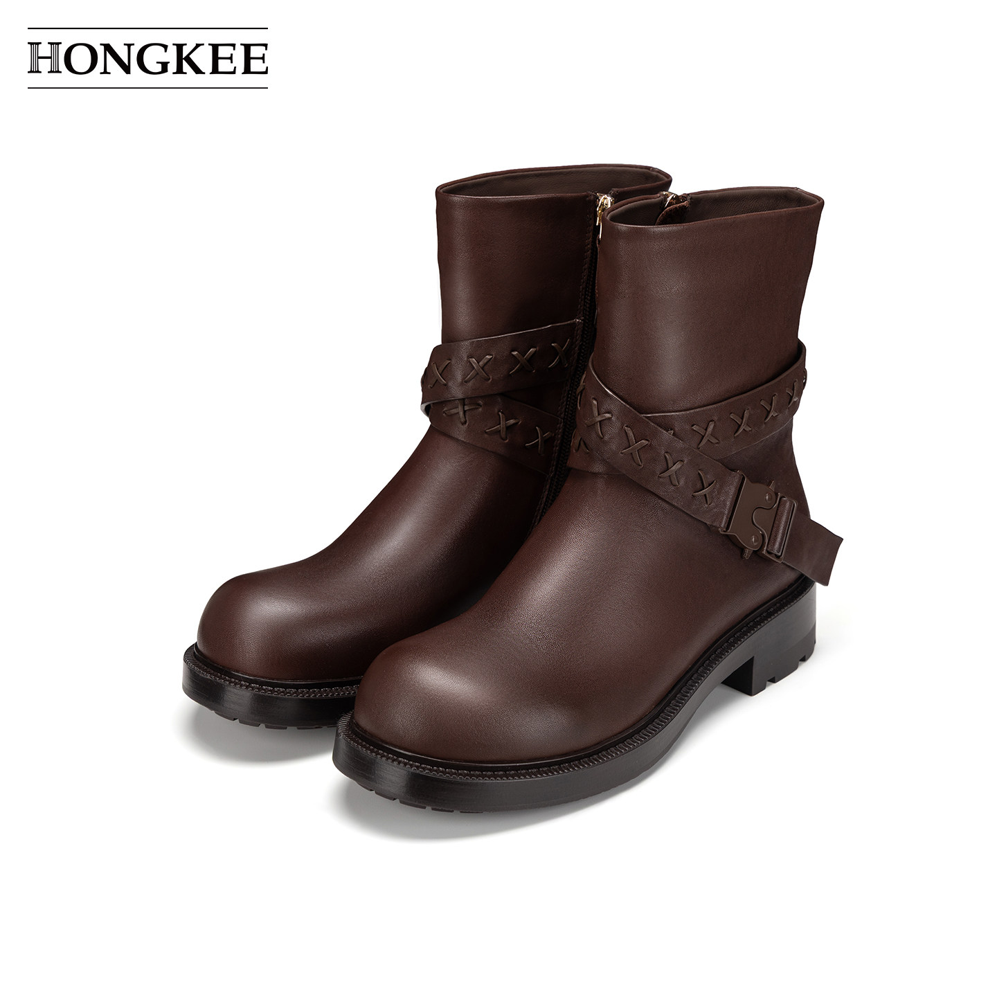 Hongkee/红科靴子女款2026新款圆头帅气皮带扣低跟短靴H586D408