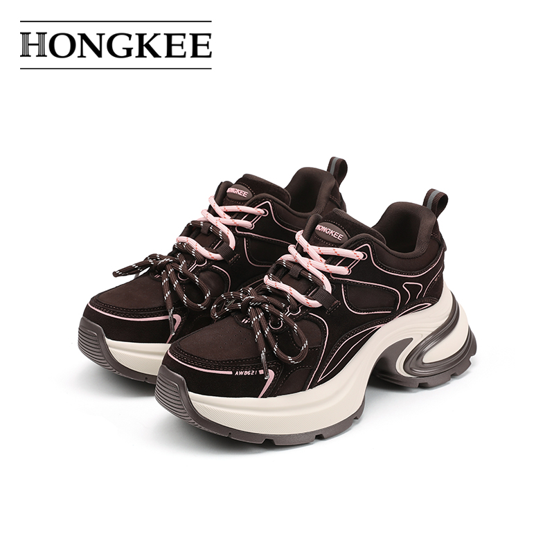 Hongkee/红科女鞋25春季新款牛皮休闲鞋厚底增高老爹鞋H515D100